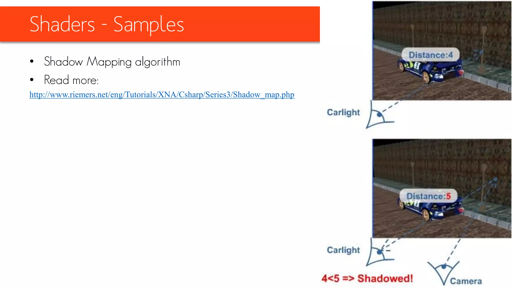 Shaders - Samples
• Shadow Mapping algorithm
 