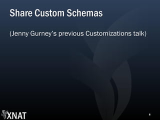 Share Custom Schemas
(Jenny Gurney’s previous Customizations talk)




                                                8
 