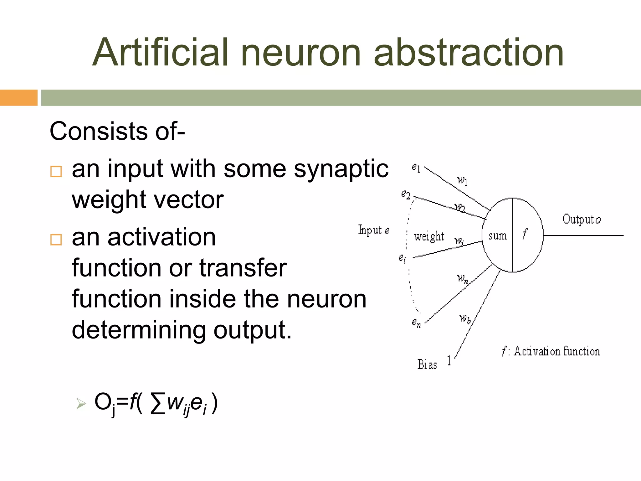 Artificial neuron abstraction
Consists of-
 an input with some synaptic
  weight vector
 an activation

  function or transfer
  function inside the neuron
  determining output.

     Oj=f( ∑wijei )
 