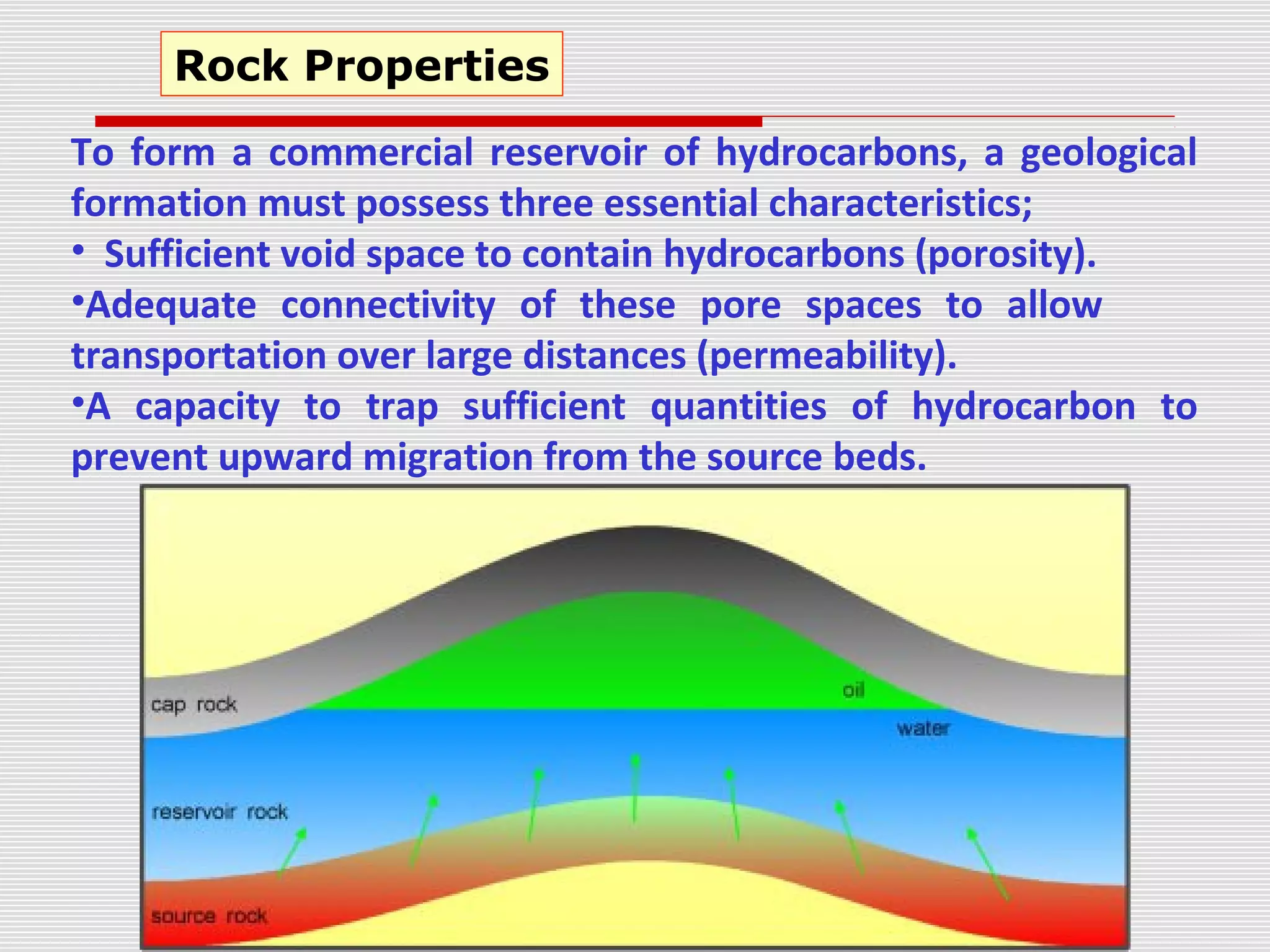 To form a commercial reservoir of hydrocarbons, a geological
formation must possess three essential characteristics;
• Sufficient void space to contain hydrocarbons (porosity).
•Adequate connectivity of these pore spaces to allow
transportation over large distances (permeability).
•A capacity to trap sufficient quantities of hydrocarbon to
prevent upward migration from the source beds.
Rock Properties
 