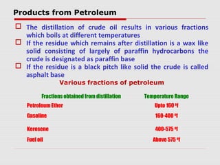 Products from Petroleum
 The distillation of crude oil results in various fractions
which boils at different temperatures
 If the residue which remains after distillation is a wax like
solid consisting of largely of paraffin hydrocarbons the
crude is designated as paraffin base
 If the residue is a black pitch like solid the crude is called
asphalt base
Various fractions of petroleum
Fractions obtained from distillation Temperature Range
Petroleum Ether Upto 160 0
f
Gasoline 160-400 0
f
Kerosene 400-575 0
f
Fuel oil Above 575 0
f
 