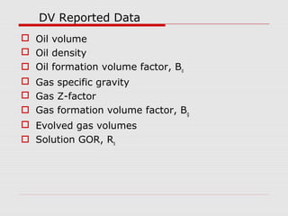 DV Reported Data
 Oil volume
 Oil density
 Oil formation volume factor, Bo
 Gas specific gravity
 Gas Z-factor
 Gas formation volume factor, Bg
 Evolved gas volumes
 Solution GOR, Rs
 