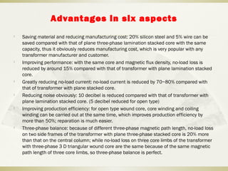 Advantages in six aspects
 Saving material and reducing manufacturing cost: 20% silicon steel and 5% wire can be
saved compared with that of plane three-phase lamination stacked core with the same
capacity, thus it obviously reduces manufacturing cost, which is very popular with any
transformer manufacturer and customer.

Improving performance: with the same core and magnetic flux density, no-load loss is
reduced by around 15% compared with that of transformer with plane lamination stacked
core.

Greatly reducing no-load current: no-load current is reduced by 70~80% compared with
that of transformer with plane stacked core.

Reducing noise obviously: 10 decibel is reduced compared with that of transformer with
plane lamination stacked core. (5 decibel reduced for open type)

Improving production efficiency: for open type wound core, core winding and coiling
winding can be carried out at the same time, which improves production efficiency by
more than 50%; reparation is much easier.

Three-phase balance: because of different three-phase magnetic path length, no-load loss
on two side frames of the transformer with plane three-phase stacked core is 20% more
than that on the central column; while no-load loss on three core limbs of the transformer
with three-phase 3 D triangular wound core are the same because of the same magnetic
path length of three core limbs, so three-phase balance is perfect.
 