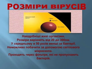 Величина вирусов варьирует от 20 до 300 нм (1 нм = 10- 9 м).
Отличительными чертами вирусов по сравнению с другими
микроскопическими возбудителями инфекций служат не размеры или
обязательный паразитизм, а …………………………………………………….
Найдрібніші живі організми.
Розміри варіюють від 20 до 300нм.
У середньому в 50 разів менші за бактерії.
Неможливо побачити за допомогою світлового
мікроскопа.
Проходять через фільтри, які не пропускають
бактерій.
 