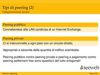 Tipi di peering (2)
Categorizzazione tecnica
Peering pubblico
Connettendosi alla LAN condivisa di un Internet Exchange.
Peering privato
Ci si interconnette a ogni peer con un circuito diretto.
Appropriati a seconda della quantità di trafﬁco scambiata.
Peering pubblico contro peering privato e peering a pagamento contro
peering settlement free sono questioni del tutto ortogonali!
Peering e depeering Marco d’Itri
 