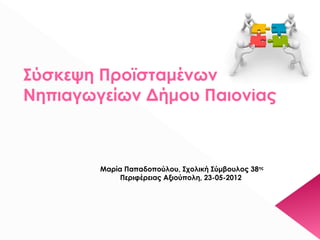Μαρία Παπαδοπούλου, Σχολική Σύμβουλος 38ης
Περιφέρειας Αξιούπολη, 23-05-2012
Σύσκεψη Προϊσταμένων
Νηπιαγωγείων Δήμου Παιονίας
 