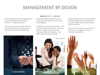 MANAGEMENT BY DESIGN
Product Management equips teams to
perform their jobs better, based on data
and intelligence.
I collaborate across the organization – and
coach the team to do the same – to ensure
collective insights add value to both
internal and external customers. I love
white boards and brainstorming!
Product Management is the growth engine,
helping the organization to strategically
focus on finding, acquiring and retaining
best-fit customers.
I teach the team how to focus on success
outcomes, risk mitigation and cross-
functional collaboration.
Product Management drives organizational
focus on solving pervasive customer
problems – answering the Why.
I hire and coach team members, who are
passionate about market engagement in
addition to understanding technology.
CUSTOMERS EMPLOYEES SHAREHOLDERS
 