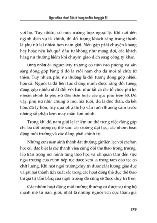 Ngaåc nhiïn chûa! Têët caã chuáng ta àïìu àang giaâ ài!
179
vúái hoå. Tuy nhiïn, coá möåt trûúâng húåp ngoaåi lïå. Khi noái àïën
ngaânh dõch vuå taâi chñnh, thò àöëi tûúång khaách haâng trung thaânh
laâ phuå nûä laåi nhiïìu hún nam giúái. Nïëu gùåp phaãi chuyïån khöng
hay hoùåc nïëu kïët quaã àêìu tû khöng nhû mong àúåi, caác khaách
haâng nûä thûúâng hiïëm khi chuyïín giao dõch sang cöng ty khaác.
Loâng nhên aái. Ngûúâi Myä thûúâng coá tñnh haâo phoáng vaâ sùén
saâng àoáng goáp haâng tó àö la möîi nùm cho àuã moåi töí chûác tûâ
thiïån. Tuy nhiïn, phuå nûä thûúâng laâ àöëi tûúång àoáng goáp nhiïìu
hún caã. Ngûúâi ta àaä liïn tuåc chûáng minh àûúåc rùçng àöëi tûúång
àoáng goáp nhiïìu nhêët àöëi vúái hêìu nhû têët caã caác töí chûác phi lúåi
nhuêån chñnh laâ phuå nûä àöåc thên hoùåc caác quaã phuå trïn 60. Duâ
vêåy, phuå nûä nhòn chung úã moåi lûáa tuöíi, duâ laâ àöåc thên, àaä kïët
hön, àaä ly hön, hay quaã phuå thò hoå vêîn luön thûúng caãm trûúác
nhûäng söë phêån keám may mùæn hún mònh.
Trong khi àoá, nam giúái laåi chiïëm ûu thïë trong viïåc àoáng goáp
cho ba àöëi tûúång cuå thïí sau: caác trûúâng àaåi hoåc, caác nhoám hoaåt
àöång möi trûúâng vaâ caác àaãng phaái chñnh trõ.
Nhûäng cûåu nam sinh thaânh àaåt thûúâng giûä liïn laåc vúái caác baån
hoåc cuä, àùåc biïåt laâ caác thaânh viïn cuâng àöåi thïí thao trong trûúâng.
Hoå trên troång núi mònh tûâng theo hoåc vaâ rêët quan têm àïën viïåc
ngöi trûúâng cuãa mònh tiïëp tuåc àûúåc xem laâ trung têm àaâo taåo coá
chêët lûúång. Khi möåt ngöi trûúâng duy trò àûúåc chêët lûúång giaáo duåc
vaâ gùåt haái thaânh tñch xuêët sùæc trong caác hoaåt àöång thïí duåc thïí thao
thò giaá trõ têëm bùçng cuãa ngöi trûúâng àoá cuäng seä àûúåc duy trò theo.
Caác nhoám hoaåt àöång möi trûúâng thûúâng coá àûúåc sûå uãng höå
maånh meä tûâ nam giúái, nhêët laâ nhûäng ngûúâi tñch cûåc tham gia
 