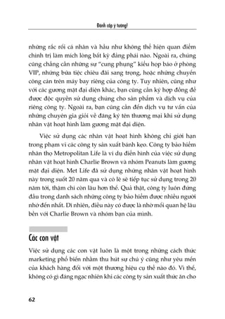 Àaánh cùæp yá tûúãng!
62
nhûäng rùæc röëi caá nhên vaâ hêìu nhû khöng thïí hiïån quan àiïím
chñnh trõ laâm mñch loâng bêët kyâ àaãng phaái naâo. Ngoaâi ra, chuáng
cuäng chùèng cêìn nhûäng sûå “cung phuång” kiïíu hoåp baáo úã phoâng
VIP, nhûäng bûäa tiïåc chiïu àaäi sang troång, hoùåc nhûäng chuyïën
cöng caán trïn maáy bay riïng cuãa cöng ty. Tuy nhiïn, cuäng nhû
vúái caác gûúng mùåt àaåi diïån khaác, baån cuäng cêìn kyá húåp àöìng àïí
àûúåc àöåc quyïìn sûã duång chuáng cho saãn phêím vaâ dõch vuå cuãa
riïng cöng ty. Ngoaâi ra, baån cuäng cêìn àïën dõch vuå tû vêën cuãa
nhûäng chuyïn gia gioãi vïì àùng kyá tïn thûúng maåi khi sûã duång
nhên vêåt hoaåt hònh laâm gûúng mùåt àaåi diïån.
Viïåc sûã duång caác nhên vêåt hoaåt hònh khöng chó giúái haån
trong phaåm vi caác cöng ty saãn xuêët baánh keåo. Cöng ty baão hiïím
nhên thoå Metropolitan Life laâ vñ duå àiïín hònh cuãa viïåc sûã duång
nhên vêåt hoaåt hònh Charlie Brown vaâ nhoám Peanuts laâm gûúng
mùåt àaåi diïån. Met Life àaä sûã duång nhûäng nhên vêåt hoaåt hònh
naây trong suöët 20 nùm qua vaâ coá leä seä tiïëp tuåc sûã duång trong 20
nùm túái, thêåm chñ coân lêu hún thïë. Quaã thêåt, cöng ty luön àûáng
àêìu trong danh saách nhûäng cöng ty baão hiïím àûúåc nhiïìu ngûúâi
nhúá àïën nhêët. Dô nhiïn, àiïìu naây coá àûúåc laâ nhúâ möëi quan hïå lêu
bïìn vúái Charlie Brown vaâ nhoám baån cuãa mònh.
Caác con vêåt
Viïåc sûã duång caác con vêåt luön laâ möåt trong nhûäng caách thûác
marketing phöí biïën nhùçm thu huát sûå chuá yá cuäng nhû yïu mïën
cuãa khaách haâng àöëi vúái möåt thûúng hiïåu cuå thïí naâo àoá. Vò thïë,
khöng coá gò àaáng ngaåc nhiïn khi caác cöng ty saãn xuêët thûác ùn cho
 