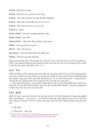 Ctrl-h : Hiển thị trợ giúp
Ctrl-k : Cắt từ vị trí con trỏ tới cuối dòng
Ctrl-w : Cắt toàn bộ đoạn văn bản đã được highlight
Ctrl-p : Dán text trong buffer vào vị trí con trỏ
Ctrl-d : Xóa một ký tự sau vị trí con trỏ
Ctrl-x u : Undo
Ctrl-x Ctrl-f : Tạo file mới hoặc mở file có sẵn
Ctrl-x Ctrl-s : Save file
Ctrl-x Ctrl-c : Đóng file, đóng chương trình emacs
Ctrl-s : Search pattern trong file
Esc-% : Thay thế pattern
Esc Ctrl-s : Thay thế kiểu biểu thức chính quy
Ctrl-g : Trở lại trạng thái chờ lệnh
Bằng cách kết hợp phím Ctrl và phím Esc (Escape), bạn có thể làm được mọi thứ trong Emacs.
Chú ý rằng Emacs không chỉ đơn thuần là trình soạn thảo văn bản mà còn dùng để đọc và gửi
email, đọc tin, phát triển phần mềm, v.v.
6.8.2 Vim
VIM (Vi IMproved) là chương trình soạn thảo văn bản phát triển từ VI, còn VI là chương trình
soạn thảo cổ điển và truyền thống của người dùng UNIX. Cái hay của Vim là tốc độ khởi động
cực nhanh, trong quá trình soạn thảo lại không tạo ra các bản backup đuôi ∼ giống Emacs.
Tác giả bài này thường dùng Vim trong hầu hết các công việc soạn thảo.
Cũng giống như Emacs, có rất nhiều hướng dẫn chi tiết về cách dùng VIM. Bạn có thể tham
khảo bài viết của Bùi Minh Trường4
hoặc bài viết của Hàn Thế Thành5
. (Trong gói XMLinux
có kèm theo bản copy của vim-intro.pdf)
6.8.3 gEdit
gEdit là trình soạn thảo văn bản rất tiện lợi trên nền X. Khởi động gEdit bằng lệnh gedit
hoặc chọn Redhat → Accessories → Text Editor. Như mặc định, gEdit sẽ open và save văn bản
theo bảng mã Unicode (UTF-8). Muốn open hoặc save văn bản ở bảng mã khác bạn làm như
sau:
1. Mở gEdit
2. Chọn File → Save As
4
http://vcsj.net/modules.php?name=News&file=article&sid=7
5
http://vinux.sourceforge.net/vim-intro/vim-intro.pdf
15
http://www.QuanTriMang.com
 