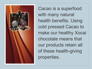 Cacao is a superfood with many natural health benefits. Using cold pressed Cacao to make our healthy Xocai chocolate  means that our products retain all  of these health-giving properties. 
