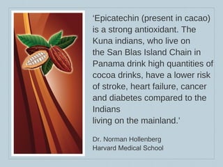 ‘ Epicatechin (present in cacao) is a strong antioxidant. The Kuna indians, who live on  the San Blas Island Chain in Panama drink high quantities of cocoa drinks, have a lower risk of stroke, heart failure, cancer and diabetes compared to the Indians  living on the mainland.’ Dr. Norman Hollenberg Harvard Medical School 