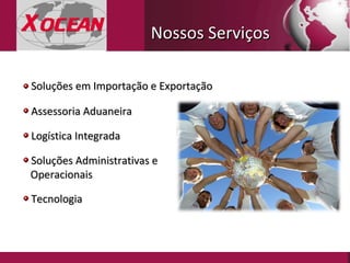 Soluções em Importação e Exportação Assessoria Aduaneira Tecnologia Logística Integrada Soluções Administrativas e Operacionais Nossos Serviços 