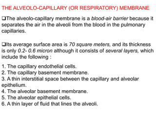 THE ALVEOLO-CAPILLARY (OR RESPIRATORY) MEMBRANE
Its average surface area is 70 square meters, and its thickness
is only 0.2- 0.6 micron although it consists of several layers, which
include the following :
The alveolo-capillary membrane is a blood-air barrier because it
separates the air in the alveoli from the blood in the pulmonary
capillaries.
1. The capillary endothelial cells.
2. The capillary basement membrane.
3. A thin interstitial space between the capillary and alveolar
epithelium.
4. The alveolar basement membrane.
5. The alveolar epithelial cells.
6. A thin layer of fluid that lines the alveoli.
 
