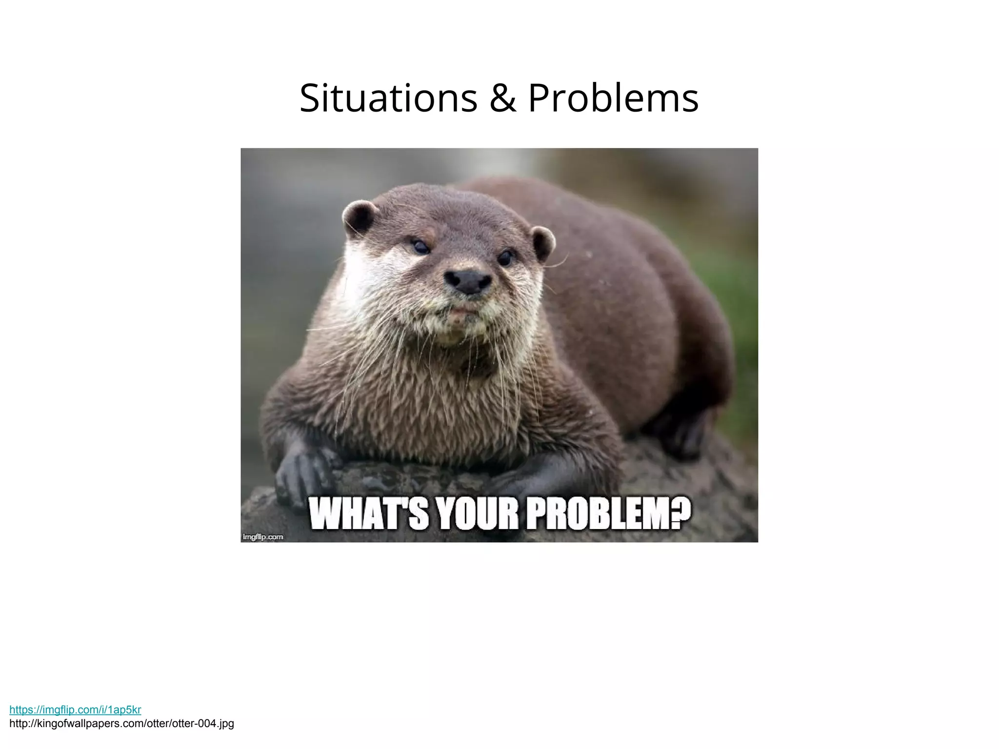 Situations & Problems
https://imgflip.com/i/1ap5kr
http://kingofwallpapers.com/otter/otter-004.jpg
 