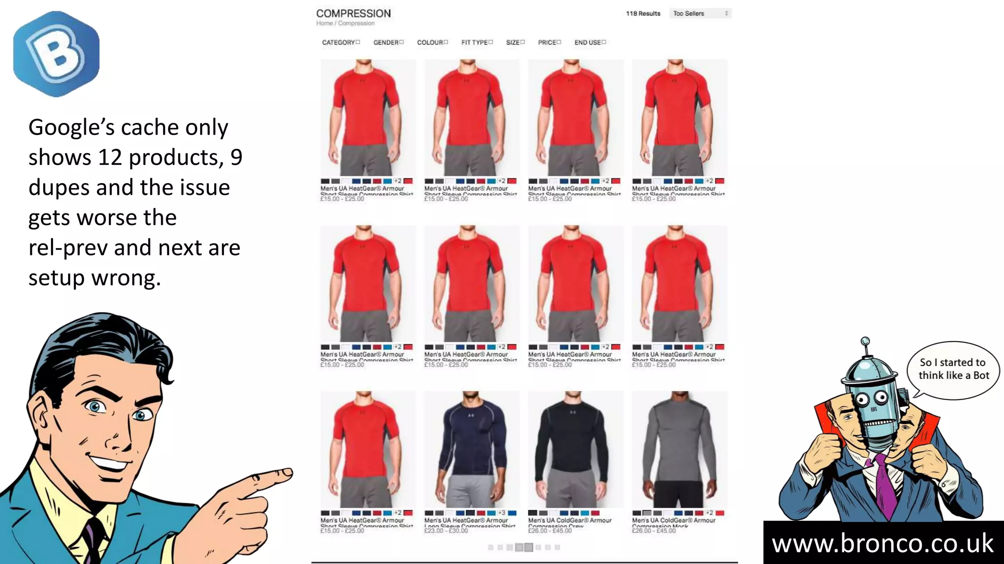 www.bronco.co.uk
Google’s cache only
shows 12 products, 9
dupes and the issue
gets worse the
rel-prev and next are
setup wrong.
 