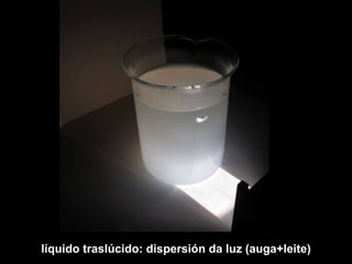 líquido traslúcido: dispersión da luz (auga+leite) 
