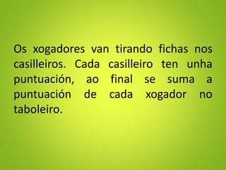 Os xogadores van tirando fichas nos
casilleiros. Cada casilleiro ten unha
puntuación, ao final se suma a
puntuación de cada xogador no
taboleiro.
 