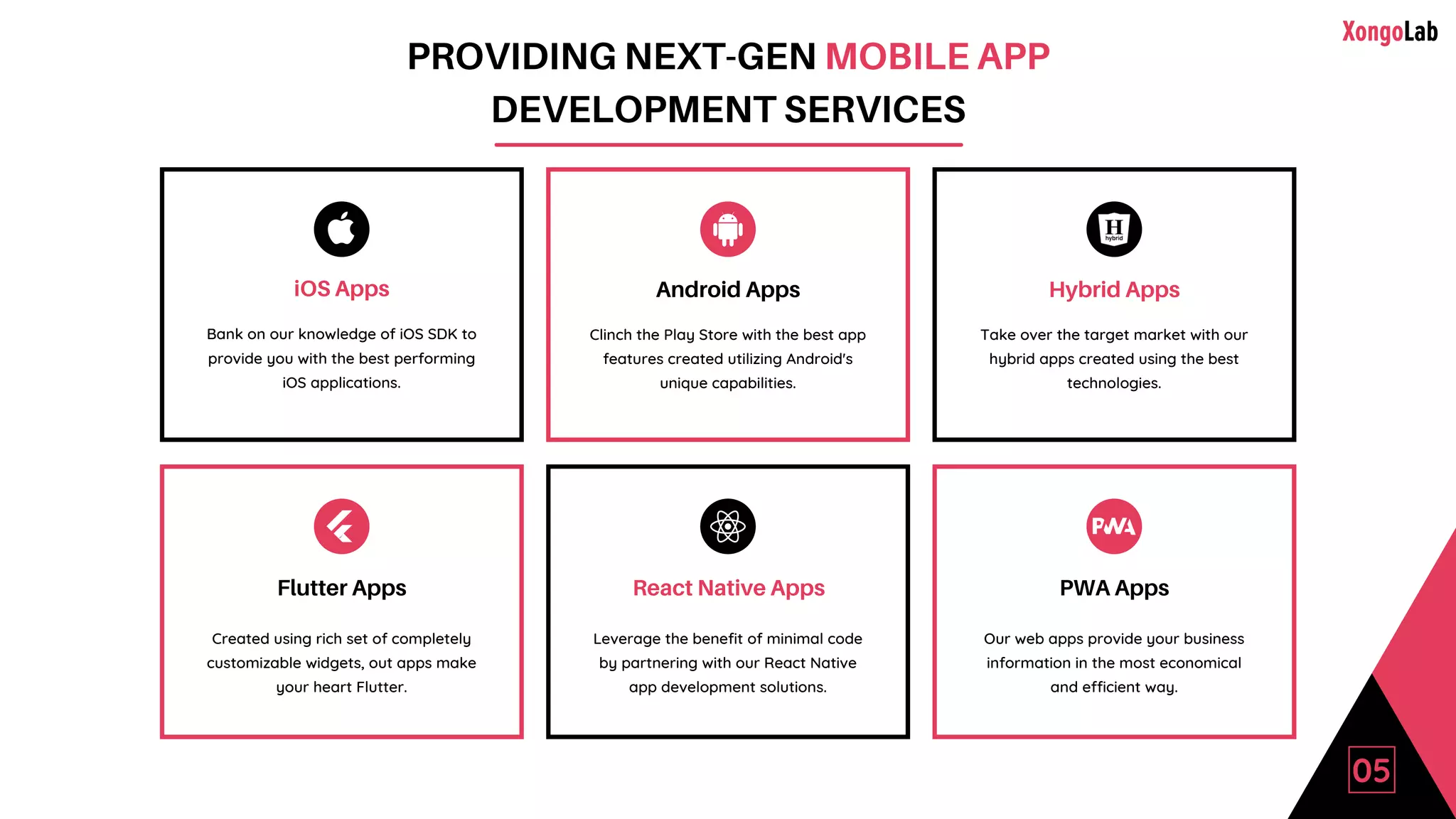 PROVIDING NEXT-GEN MOBILE APP
DEVELOPMENT SERVICES
iOS Apps
Bank on our knowledge of iOS SDK to
provide you with the best performing
iOS applications.
Android Apps
Clinch the Play Store with the best app
features created utilizing Android's
unique capabilities.
Hybrid Apps
Take over the target market with our
hybrid apps created using the best
technologies.
PWA Apps
Our web apps provide your business
information in the most economical
and efficient way.
React Native Apps
Leverage the benefit of minimal code
by partnering with our React Native
app development solutions.
Flutter Apps
Created using rich set of completely
customizable widgets, out apps make
your heart Flutter.
05
 