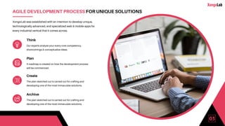 03
AGILE DEVELOPMENT PROCESS FOR UNIQUE SOLUTIONS
XongoLab was established with an intention to develop unique,
technologically advanced, and specialized web & mobile apps for
every industrial vertical that it comes across.
Think
Our experts analyze your every core competency,
shortcomings & conceptualize ideas.
Plan
A roadmap is created on how the development process
will be commenced.
Create
The plan sketched out is carried out for crafting and
developing one of the most immaculate solutions.
Archive
The plan sketched out is carried out for crafting and
developing one of the most immaculate solutions.
 