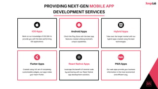 PROVIDING NEXT-GEN MOBILE APP
DEVELOPMENT SERVICES
iOS Apps
Bank on our knowledge of iOS SDK to
provide you with the best performing
iOS applications.
Android Apps
Clinch the Play Store with the best app
features created utilizing Android's
unique capabilities.
Hybrid Apps
Take over the target market with our
hybrid apps created using the best
technologies.
PWA Apps
Our web apps provide your business
information in the most economical
and efficient way.
React Native Apps
Leverage the benefit of minimal code
by partnering with our React Native
app development solutions.
Flutter Apps
Created using rich set of completely
customizable widgets, out apps make
your heart Flutter.
05
 