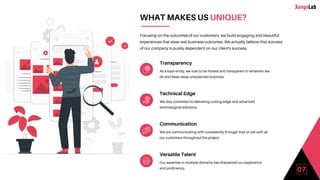 WHAT MAKES US UNIQUE?
Focusing on the outcomes of our customers, we build engaging and beautiful
experiences that steer real business outcomes. We actually believe that success
of our company is purely dependent on our client's success.
Transparency
As a loyal entity, we vow to be honest and transparent in whatever we
do and keep away unexpected surprises.
Technical Edge
We stay commited to delivering cutting-edge and advanced
technological solutions.
Communication
We are communicating with consistently through mail or call with all
our customers throughout the project.
Versatile Talent
Our expertise in multiple domains has sharpened our experience
and proficiency.
07
 
