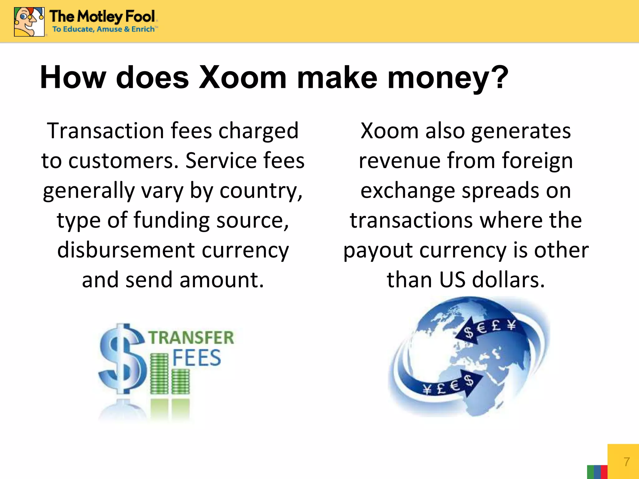 How does Xoom make money?
Transaction fees charged
to customers. Service fees
generally vary by country,
type of funding source,
disbursement currency
and send amount.
Xoom also generates
revenue from foreign
exchange spreads on
transactions where the
payout currency is other
than US dollars.
7
 