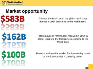 Market opportunity
5
This was the total size of the global remittance
market in 2014 according to the World Bank.
Total amount of remittances received in 2014 by
China, India and the Philippines according to the
World Bank.
The total addressable market for Xoom today based
on the 32 countries it currently serves.
 