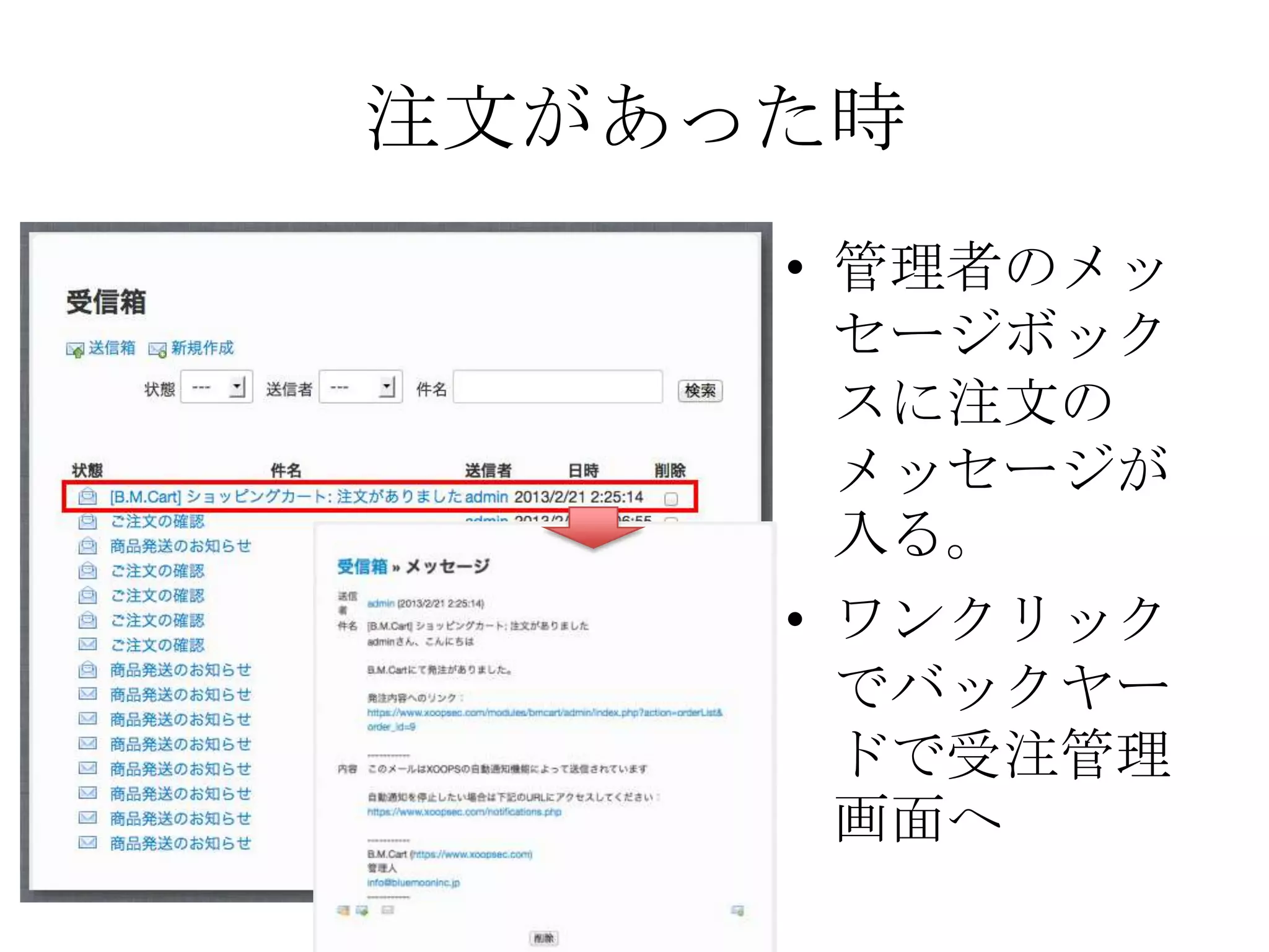 注文があった時
     • 管理者のメッ
       セージボック
       スに注文の
       メッセージが
       入る。
     • ワンクリック
       でバックヤー
       ドで受注管理
       画面へ
 