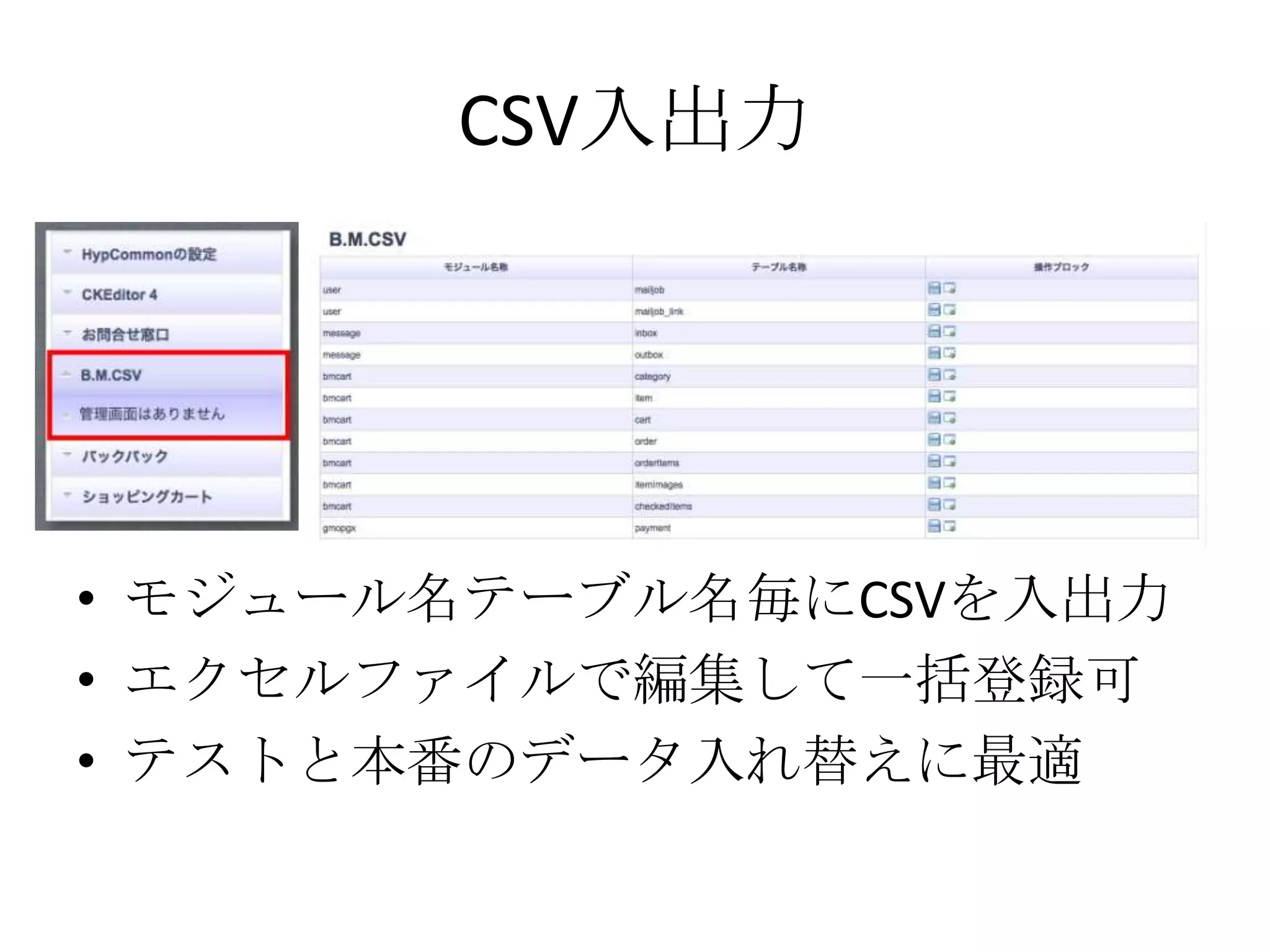 CSV入出力




• モジュール名テーブル名毎にCSVを入出力
• エクセルファイルで編集して一括登録可
• テストと本番のデータ入れ替えに最適
 