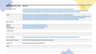 For people who like to know .. References
Executive Summary https://www.mckinsey.com/business-functions/mckinsey-analytics/our-insights/an-executives-guide-to-ai
https://www.mckinsey.com/featured-insights/artificial-intelligence/notes-from-the-ai-frontier-applications-and-value-of-deep-learning
https://www.mckinsey.com/business-functions/mckinsey-analytics/our-insights/global-survey-the-state-of-ai-in-2020
History https://www.forbes.com/sites/gilpress/2013/05/28/a-very-short-history-of-data-science/#d81ef9555cfc
https://www.forbes.com/sites/bernardmarr/2016/02/19/a-short-history-of-machine-learning-every-manager-should-read/#e1bcd315e780
https://www.forbes.com/sites/bernardmarr/2016/03/22/a-short-history-of-deep-learning-everyone-should-read/#7567ed4f5561
https://www.forbes.com/sites/gilpress/2016/12/30/a-very-short-history-of-artificial-intelligence-ai/#3fe830496fba
HPE Trainings
Beginner
Hands-On
Deeper Intuition
https://www.youtube.com/c/LuisSerrano/playlists
https://end-to-end-machine-learning.teachable.com/
https://www.youtube.com/user/joshstarmer
Analyst Reports
Interesting Blogs https://adeshpande3.github.io/adeshpande3.github.io/The-9-Deep-Learning-Papers-You-Need-To-Know-About.html
Recommended Courses Stanford CNN, NLP, Pedigo Dominos ML, Sandford Statistical ML
Certification Amazon ML Speciality, Azure DS, G-Cloud ML
Books
 