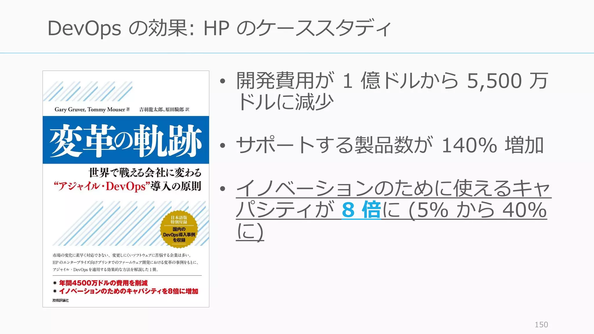 • 開発費用が 1 億ドルから 5,500 万
ドルに減少
• サポートする製品数が 140% 増加
• イノベーションのために使えるキャ
パシティが 8 倍に (5% から 40%
に)
150
DevOps の効果: HP のケーススタディ
 