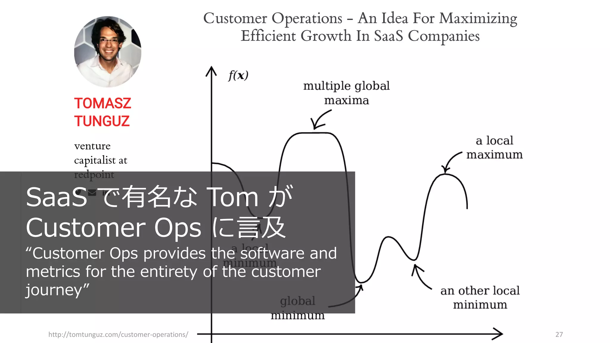 27
SaaS で有名な Tom が
Customer Ops に言及
“Customer Ops provides the software and
metrics for the entirety of the customer
journey”
http://tomtunguz.com/customer-operations/
 