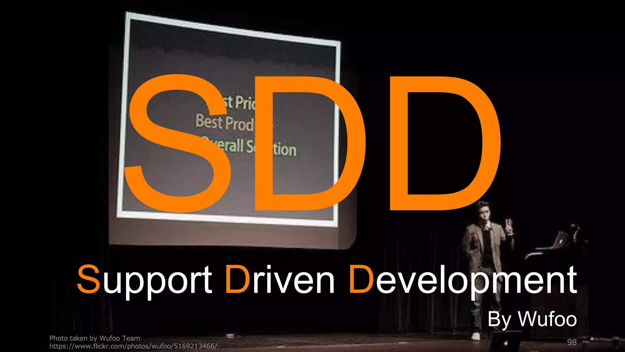 Photo taken by Wufoo Team
https://www.flickr.com/photos/wufoo/5169213466/
98
Support Driven Development
By Wufoo
 