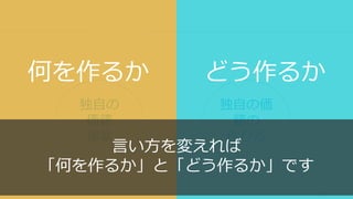 121
独自の
価値
提案
独自の価
値の
作り方
何を作るか どう作るか
言い方を変えれば
「何を作るか」と「どう作るか」です
 