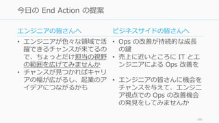 186
今日の End Action の提案
エンジニアの皆さんへ
• エンジニアが色々な領域で活
躍できるチャンスが来てるの
で、ちょっとだけ担当の視野
の範囲を広げてみませんか
• チャンスが見つかればキャリ
アの幅が広がるし、起業のア
イデアにつながるかも
ビジネスサイドの皆さんへ
• Ops の改善が持続的な成長
の鍵
• 売上に近いところに IT とエ
ンジニアによる Ops 改善を
• エンジニアの皆さんに機会を
チャンスを与えて、エンジニ
ア視点での Ops の改善機会
の発見をしてみませんか
 