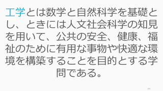 205
工学とは数学と自然科学を基礎と
し、ときには人文社会科学の知見
を用いて、公共の安全、健康、福
祉のために有用な事物や快適な環
境を構築することを目的とする学
問である。
 