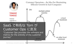 27
SaaS で有名な Tom が
Customer Ops に言及
“Customer Ops provides the software and
metrics for the entirety of the customer
journey”
http://tomtunguz.com/customer-operations/
 