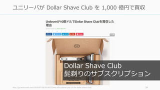 http://jp.techcrunch.com/2016/07/26/20160722why-did-unilever-pay-1b-for-dollar-shave-club/ 39
ユニリーバが Dollar Shave Club を 1,000 億円で買収
Dollar Shave Club
髭剃りのサブスクリプション
 