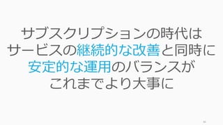48
サブスクリプションの時代は
サービスの継続的な改善と同時に
安定的な運用のバランスが
これまでより大事に
 