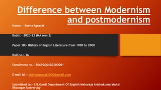 Difference between Modernism
and postmodernism
Name::- Sneha Agravat
Batch:- 2020-22 (MA sem 2)
Paper 10:- History of English Literature from 1900 to 2000
Roll no.:-16
Enrollment no.:-3069206420200001
E-mail Id :- snehaagravat2000@gmail.com
Submitted to:- S.B.Gardi Department Of English Maharaja krishnkumarsinhji
Bhavngar University
 