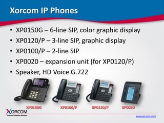 www.xorcom.com
Xorcom IP Phones
• XP0150G – 6-line SIP, color graphic display
• XP0120/P – 3-line SIP, graphic display
• XP0100/P – 2-line SIP
• XP0020 – expansion unit (for XP0120/P)
• Speaker, HD Voice G.722
 