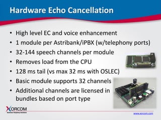 www.xorcom.com
Hardware Echo Cancellation
• High level EC and voice enhancement
• 1 module per Astribank/iPBX (w/telephony ports)
• 32-144 speech channels per module
• Removes load from the CPU
• 128 ms tail (vs max 32 ms with OSLEC)
• Basic module supports 32 channels
• Additional channels are licensed in
bundles based on port type
 