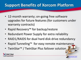 www.xorcom.com
Support Benefits of Xorcom Platform
• 12-month warranty; on-going free software
upgrades for future features (for customers under
warranty contracts)
• Rapid Recovery™ for backup/restore
• Redundant Power Supply for extra reliability
• RAID1/RAID5 for dual hard disk drive redundancy
• Rapid Tunneling™ for easy remote maintenance
• TwinStar™ / TwinStar Plus failover solution
 