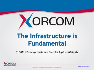 www.xorcom.com
Asterisk is a registered trademark of Digium, Inc.
The Infrastructure is
Fundamental
IP PBX, telephony cards and tools for high availability
 