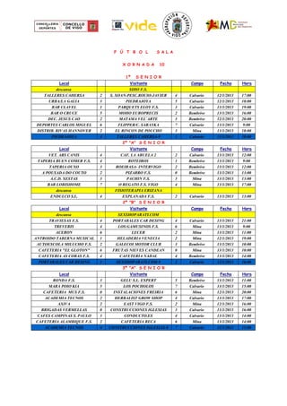Local Visitante Campo Fecha Hora
descansa SIHO F.S.
TALLERES CAHERSA 2 S. XOAN-PESC.ROCIO-JAVIER 4 Calvario 12/1/2013 17:00
URBA/LA GALIA 3 PIEDRAJOYA 5 Calvario 12/1/2013 18:00
BAR CLAVEL 1 PARQUETS ELOY F.S. 3 Calvario 13/1/2013 19:00
BAR O CRUCE 5 MOHO EUROPRECIS 2 Bembrive 13/1/2013 16:00
DEC. JESUS CAO 2 MATAMA VEL´ARTE 3 Bembrive 12/1/2013 20:00
DEPORTES CARLOS MIGUEL 6 FLIPPER/C. SARAYKA 7 Calvario 13/1/2013 9:00
DISTRIB. RIVAS HANNOVER 2 EL RINCON DE POUCHO 3 Mina 13/1/2013 18:00
PIEDRAJOYA 4 TALLERES CAHERSA-9 1 Calvario 13/1/2013 18:00
Local Visitante Campo Fecha Hora
VET. ARS CANIS 4 CAF. LA ABUELA 2 2 Calvario 13/1/2013 12:00
TAPERIA BUEN COMER F.S. 4 ROTEIROS 1 Bembrive 13/1/2013 9:00
TAPERIA OUXO 3 ROEIRASA- INTERVIGO 2 Bembrive 13/1/2013 12:00
A POUSADA DO COUTO 2 PIZARRO F.S. 0 Bembrive 13/1/2013 13:00
A.C.D. XESTAS 3 PACHIN F.S. 3 Mina 13/1/2013 13:00
BAR LOBISHOME 7 O REGATO F.S. VIGO 4 Mina 13/1/2013 17:00
descansa FISIOTERAPIA ERIZANA
ENDULCO S.L. 4 EXPLANADA F.S. 2 Calvario 13/1/2013 13:00
Local Visitante Campo Fecha Hora
descansa SEXSHOPARATI.COM
TRAVIESAS F.S. 4 PORTABALES CAR DESING 4 Calvario 13/1/2013 21:00
TREVERIS 4 LOS GAMUSINOS F.S. 6 Mina 13/1/2013 9:00
ACERON 6 LECER 2 Mina 13/1/2013 11:00
ANTROIDO TABERNA MUSICAL 1 HELADERIA VENECIA 2 Mina 12/1/2013 19:00
AUTOESCOLA MILUCHO F.S. 2 GALECOI MOTOR CLUB 3 Bembrive 13/1/2013 10:00
CAFETERIA "EL GLOTON" 6 FRUTAS NIEVES CANDEAN 0 Mina 13/1/2013 10:00
CAFETERIA AS COBAS F.S. 4 CAFETERIA NADAL 4 Bembrive 13/1/2013 14:00
PORTABALES CAR DESING 1 SEXSHOPARATI.COM-9 2 Calvario 12/1/2013 16:00
Local Visitante Campo Fecha Hora
RONDA F.S. 3 GELU S.L. EXPERT 5 Bembrive 13/1/2013 11:00
MARA POIO KIA 5 LOS POCHOLOS 7 Calvario 13/1/2013 15:00
CAFETERIA MUS F.S. 0 INSTALACIONES FREIRIA 6 Mina 12/1/2013 20:00
ACADEMIA TECNOS 2 HERBALIST GROW SHOP 4 Calvario 13/1/2013 17:00
AXIVA 2 EAST VIGO F.S. 2 Mina 12/1/2013 16:00
BRIGADAS VERMELLAS 0 CONSTRUCCIONES IGLESIAS 3 Calvario 13/1/2013 16:00
CAFES CAMPINAS S. PAULO 3 CONDUCTO.ES 4 Calvario 13/1/2013 14:00
CAFETERIA ALAMBIQUE F.S. 2 CAFETERIA RECA 6 Mina 13/1/2013 14:00
ACADEMIA TECNOS 4 CONSTRUCCIONES IGLESIAS-8 7 Calvario 12/1/2013 15:00
2ª "B" S E N I O R
3ª "A" S E N I O R
2ª "A" S E N I O R
F Ú T B O L S A L A
X O R N A D A 10
1ª S E N I O R
 