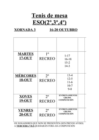 Tenis de mesa
ESO(2º,3º,4º)
XORNADA 3 16-20 OUTUBRO
MARTES
17-OUT
1º
RECREO
1-17
16-18
15-2
14-3
MÉRCORES
18-OUT
2º
RECREO
13-4
12-5
11-6
10-7
9-8
XOVES
19-OUT
2º
RECREO
ENTRENAMIENTO
GRUPO
COMPETICIÓN
VENRES
20-OUT
2º
RECREO
ENTRENAMIENTO
GRUPO
COMPETICIÓN
OS XOGADORES QUE NON SE PRESENTEN (SEN PREVIO AVISO)
A TERCEIRA VEZ,QUEDARÁN FORA DA COMPETICIÓN
 