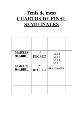 Tenis de mesa
CUARTOS DE FINAL
SEMIFINALES
MARTES
30-ABRIL
1º
RECREO
A1-B4
A2-B3
A3-B2
A4-B1
MARTES
30-ABRIL
2º
RECREO
SEMIFINALES
 