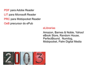 PDF para Adobe Reader
LIT para Microsoft Reader
PRC para Mobipocket Reader
OeB precursor do ePub
eLibrarías
Amazon, Barnes & Noble, Yahoo!
eBook Store, Random House,
PerfectBound, Numilog,
Mobipocket, Palm Digital Media
 
