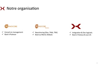  
	
  	
  
4	
  
Notre	
  organisa:on	
  
ü  Conseil	
  en	
  management	
  
ü  Basé	
  à	
  Puteaux	
  
ü  Nearshoring	
  (Dev,	
  TMA,	
  TRA)	
  
ü  Basé	
  au	
  Maroc	
  (Rabat)	
  
ü  Intégra:on	
  &	
  Dev	
  logiciels	
  
ü  Basé	
  à	
  Puteaux	
  &	
  aux	
  US	
  
 